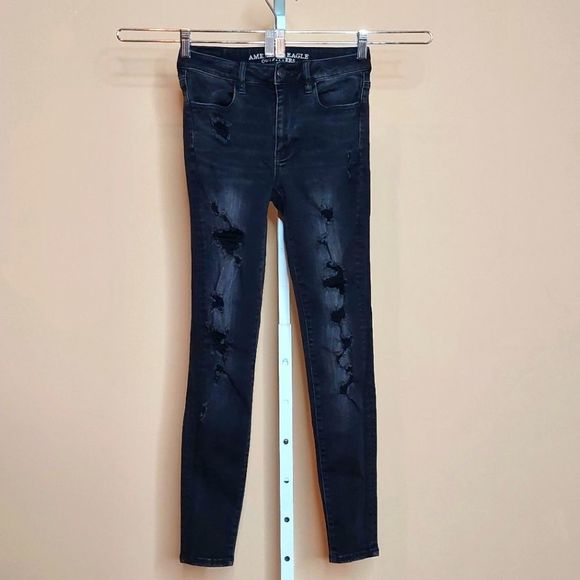 American Eagle Outfitters Black Hi Rise Distressed Jegging Jean Legging 2 GUC - Picture 2 of 16
